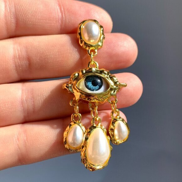 NEW ~ Free People Protective Eye Pearl Dangle Gold Earrings - Picture 3 of 10